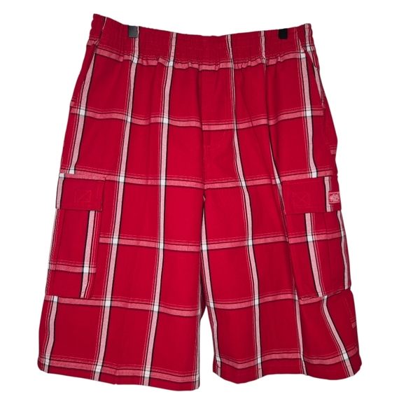 Shaka Wear Mens 12" Red Plaid Pull On Relaxed Fit Twill Cargo Shorts Size Large - Picture 1 of 8